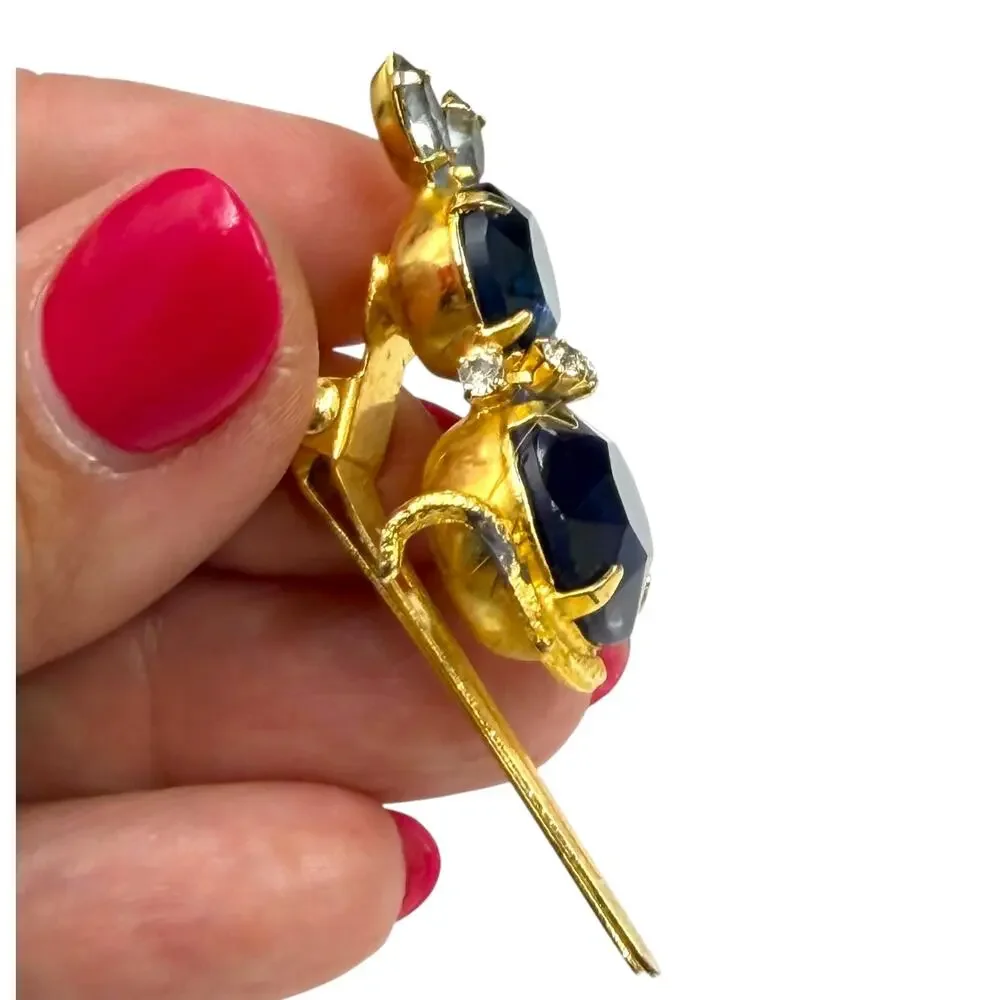 Vintage 50s Continental Sapphire Blue Rhinestone Bunny Rabbit Hair Clip Barrette